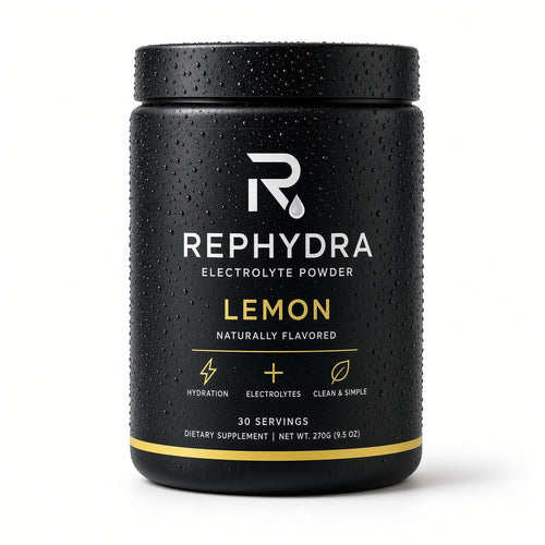 RepHydra Lemon electrolyte powder tub — front